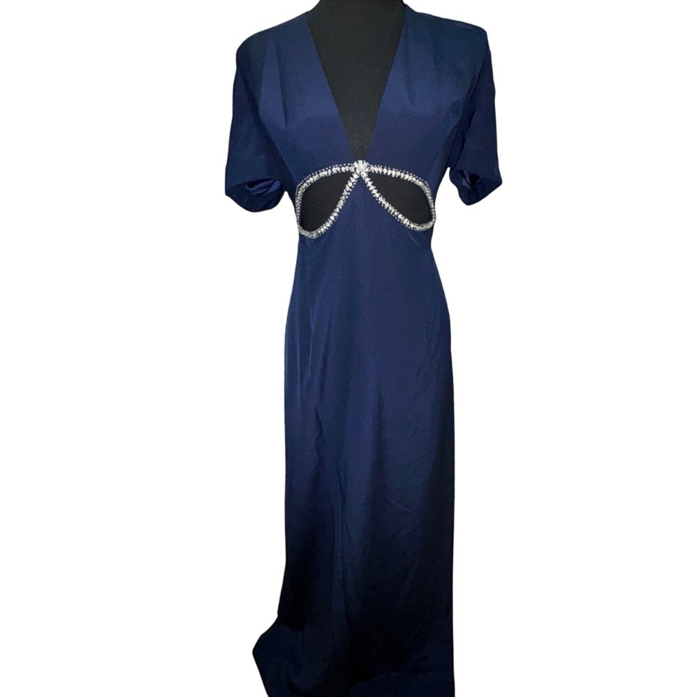 Mac Duggal Navy V-Neck Evening Gown with Rhinestone Trim